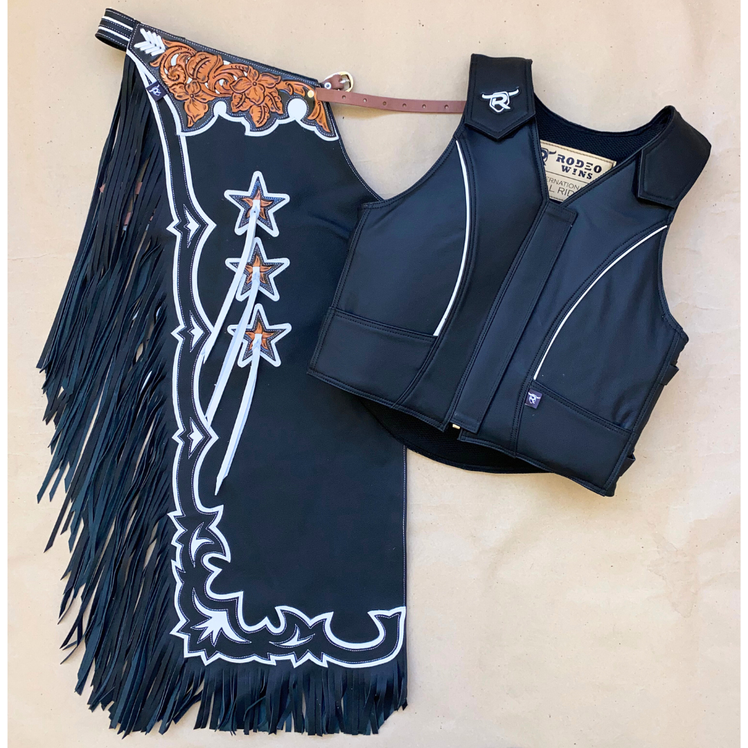SET CHAPS AND VEST RW024 BLACK/WHITE - Rodeo Wins