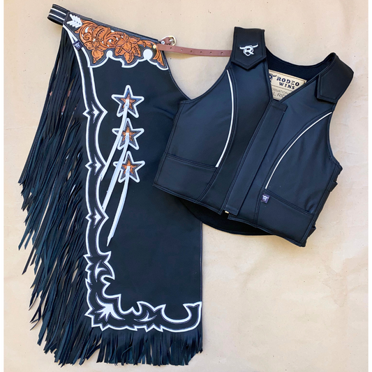 SET CHAPS AND VEST RW024 BLACK/WHITE - Rodeo Wins