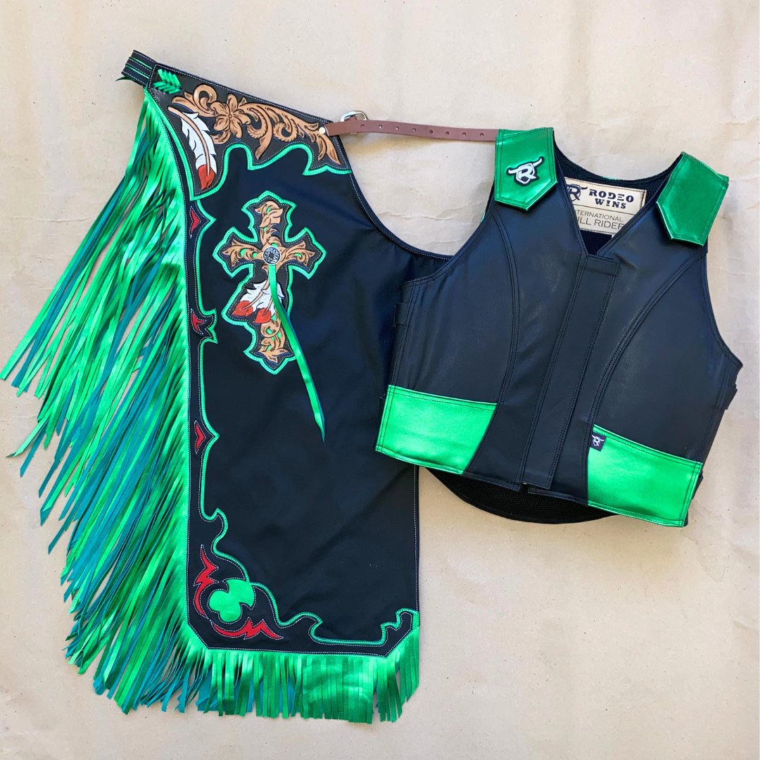 SET CHAPS AND VEST BULL RIDING RODEO WINS - Rodeo Wins
