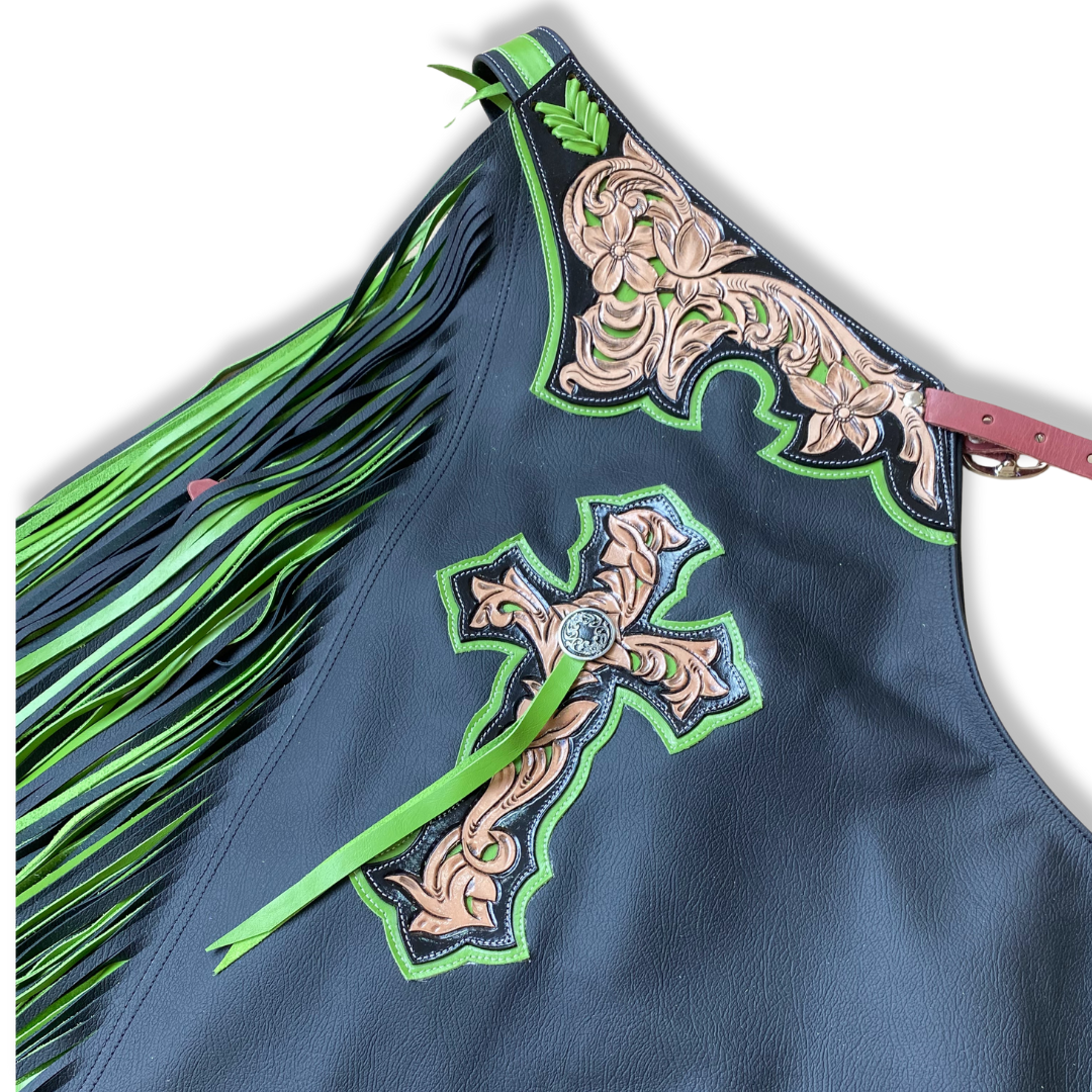 CHAPS RW02 - BULL RIDING - DOUBLE FRINGE BLACK/GREEN
