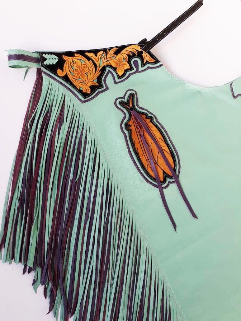 CHAPS DOUBLE FRINGE - LIGTH GREEN AND PURPLE - BULL RIDING - Rodeo Wins