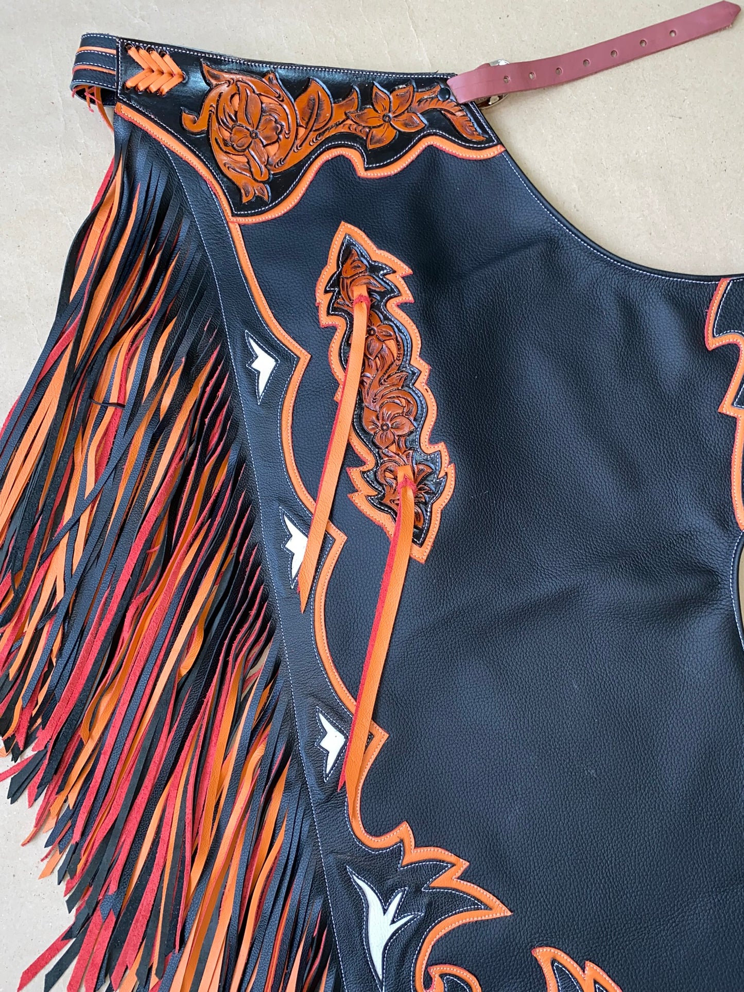 JUNIOR CHAPS - DOUBLE FRINGE BLACK/ORANGE (IN STOCK) - Rodeo Wins