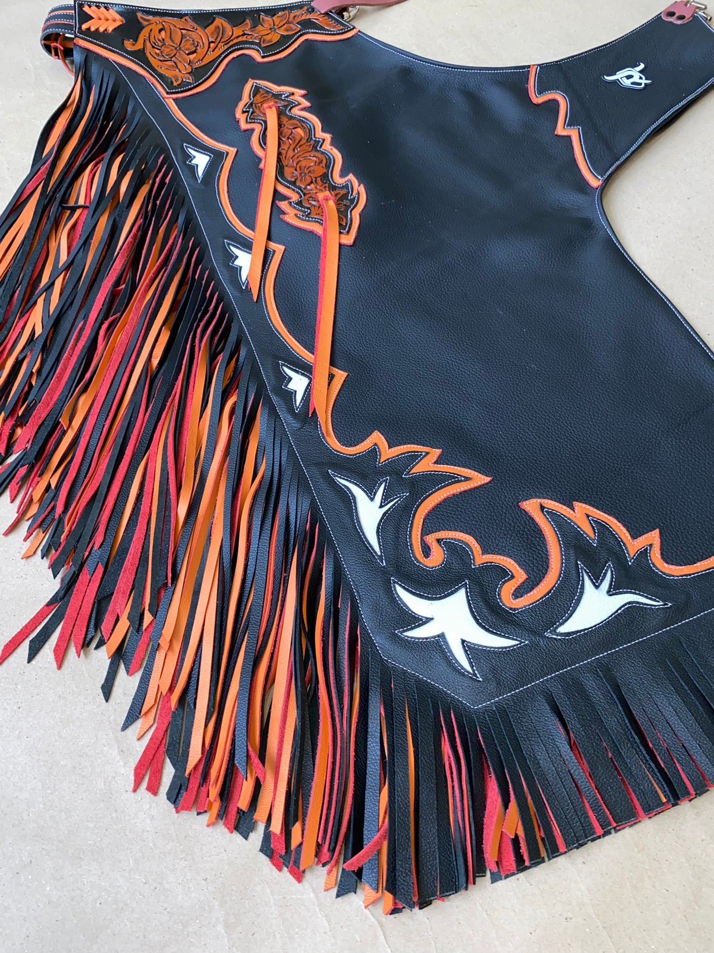 JUNIOR CHAPS - DOUBLE FRINGE BLACK/ORANGE (IN STOCK) - Rodeo Wins