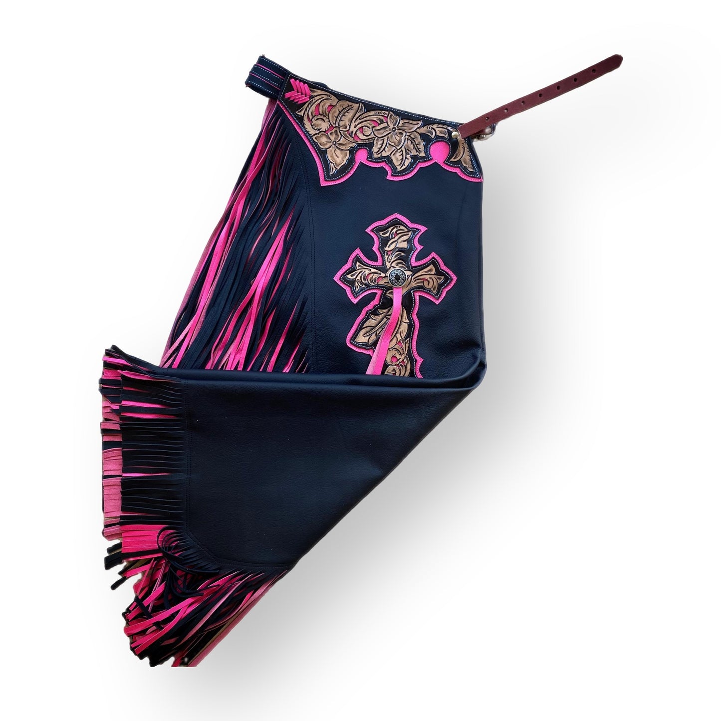 CHAPS RW02 - BULL RIDING - DOUBLE FRINGE BLACK/PINK - Rodeo Wins