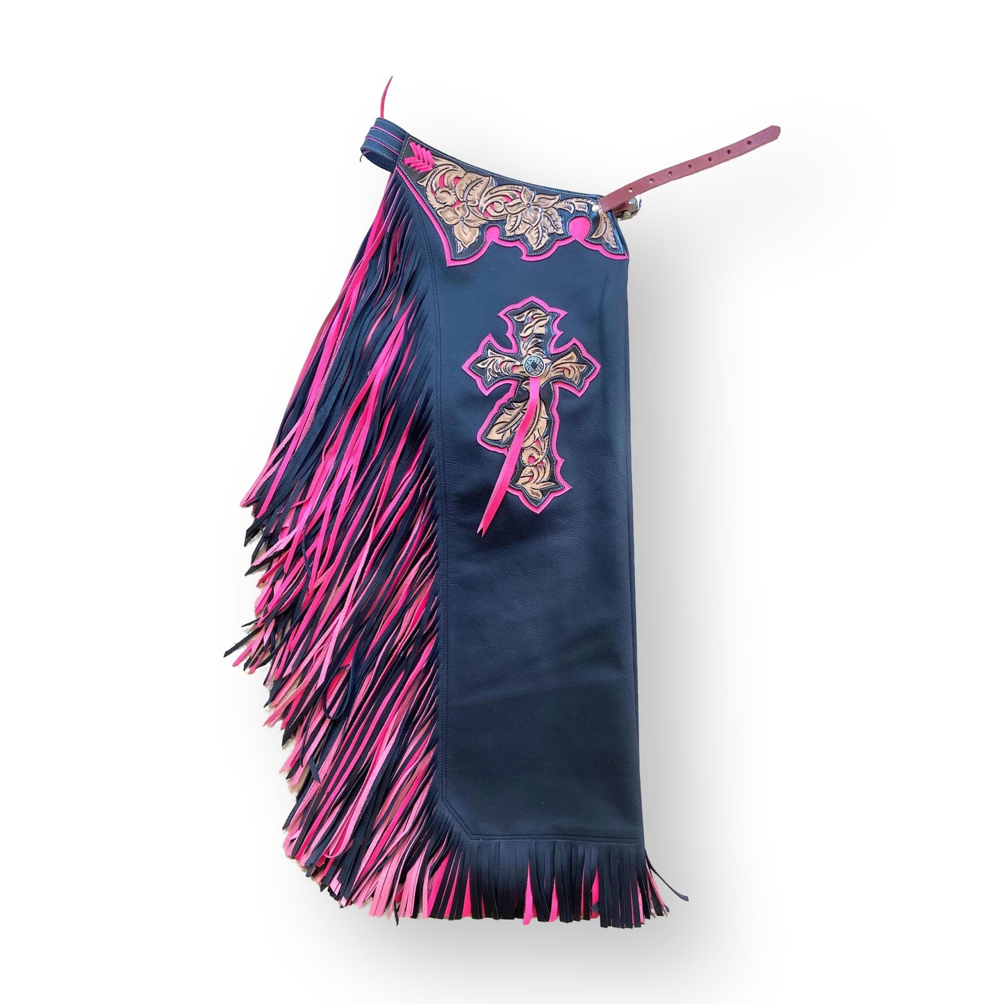 CHAPS RW02 - BULL RIDING - DOUBLE FRINGE BLACK/PINK - Rodeo Wins