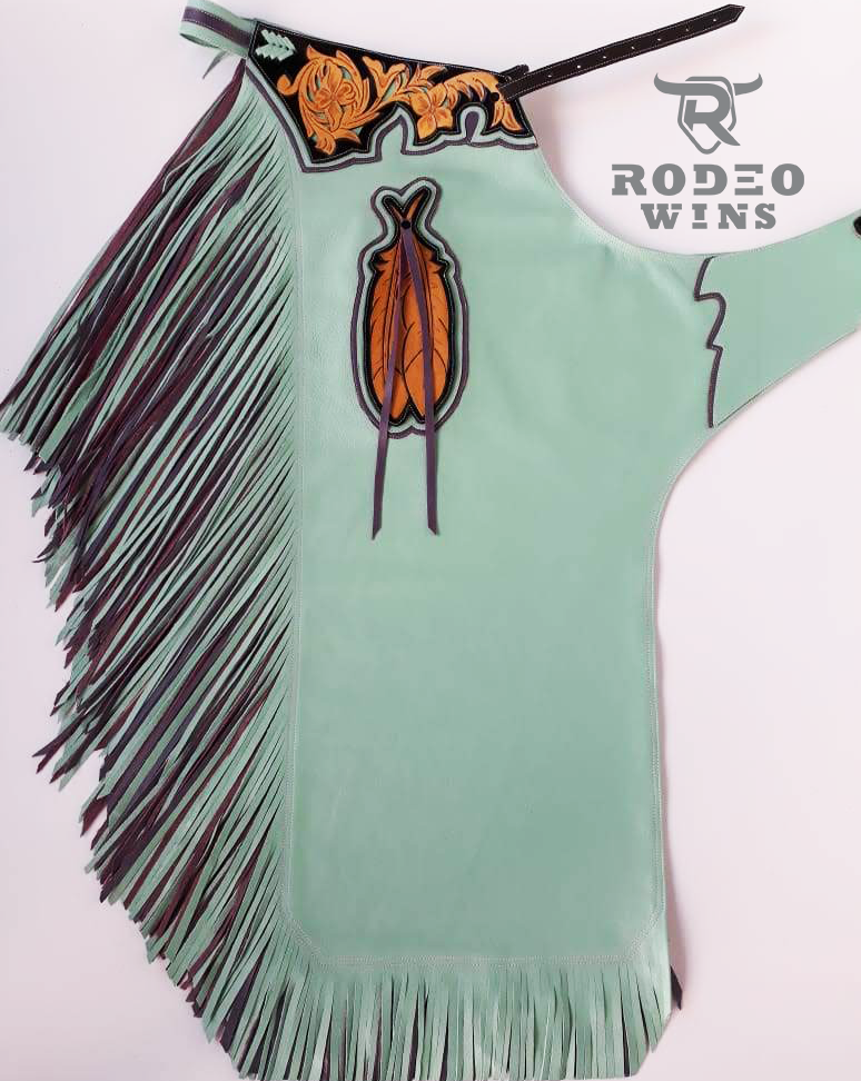 CHAPS DOUBLE FRINGE - LIGTH GREEN AND PURPLE - BULL RIDING - Rodeo Wins