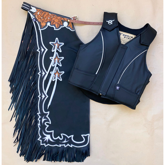 SET CHAPS AND VEST RW024 BLACK/WHITE - Rodeo Wins 