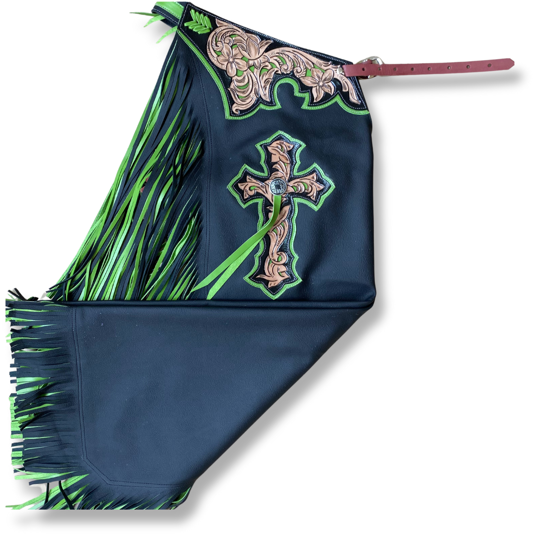 Bull Riding Chaps Cross CHAPS RW02 - BULL RIDING - DOUBLE FRINGE BLACK/GREEN – Rodeo Wins
