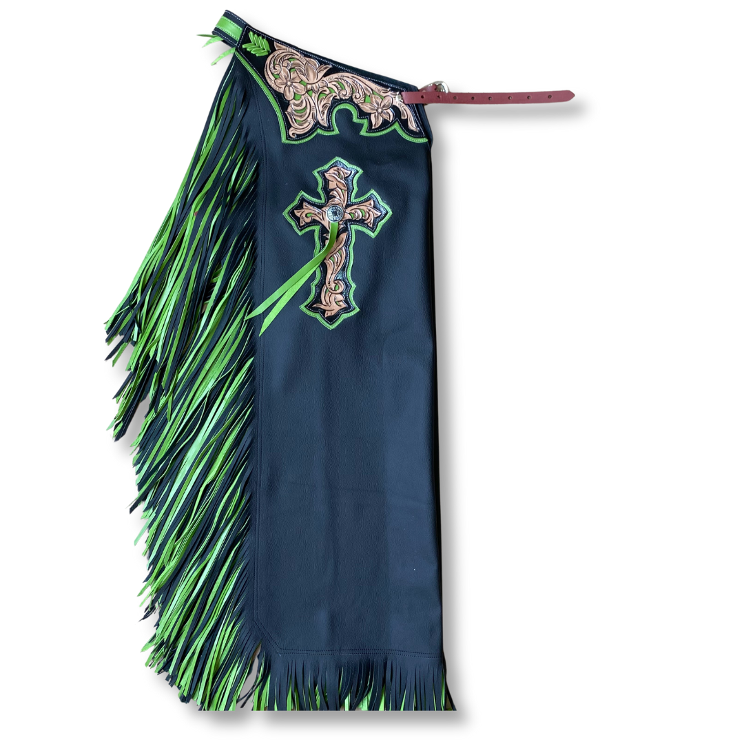 CHAPS RW02 - BULL RIDING - DOUBLE FRINGE BLACK/GREEN – Rodeo Wins