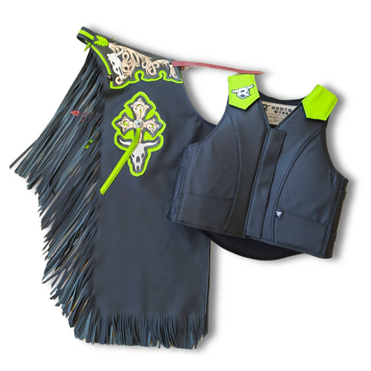 SET CHAPS AND VEST - BLACK STYLE - BULL RIDING - RW07