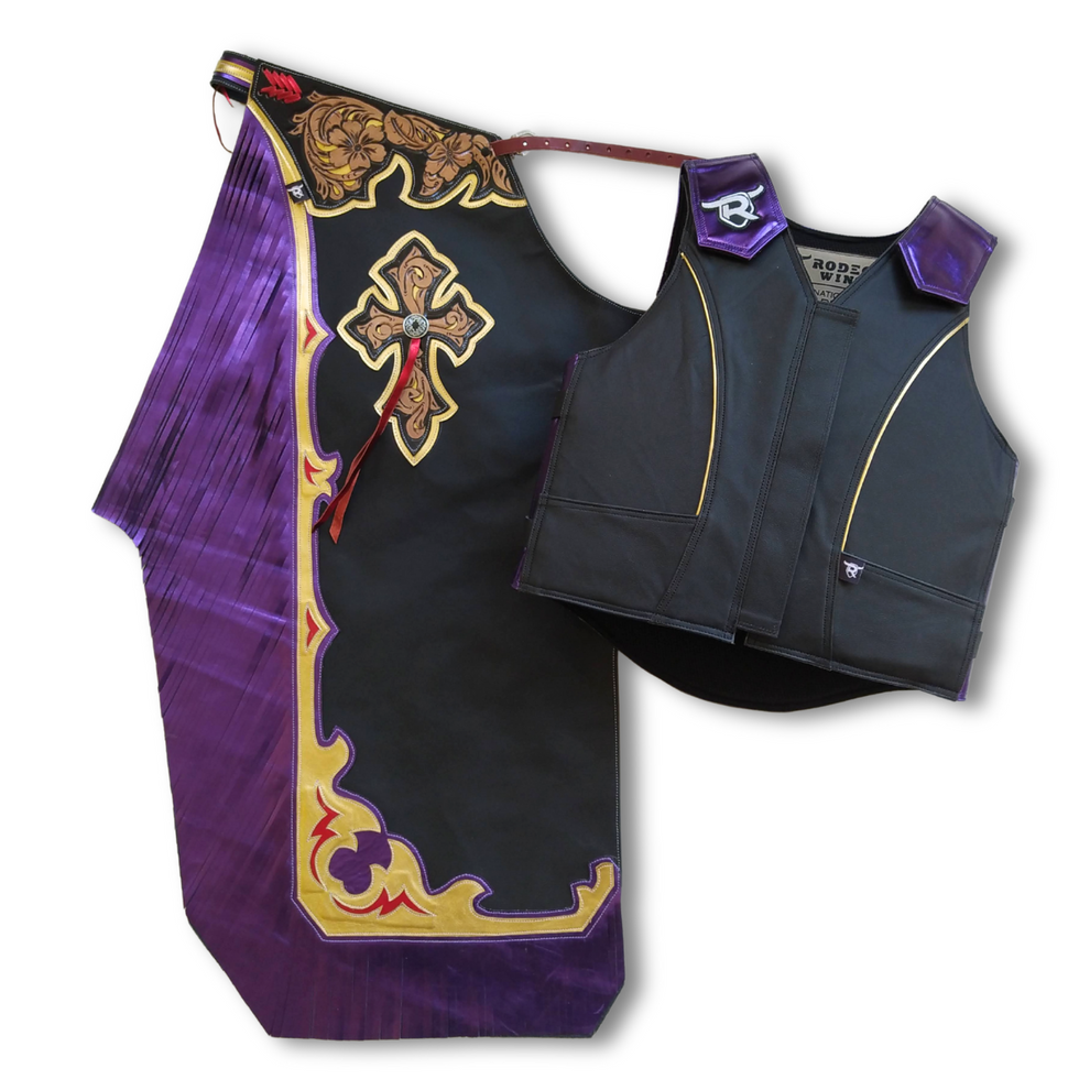 SET CHAPS AND VEST - BULL RIDING - WR025A - BLACK/PURPLE/GOLD – Rodeo Wins