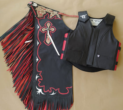 SET CHAPS AND VEST - RW300 DOUBLE FRINGE - BLACK/RED - Rodeo Wins 