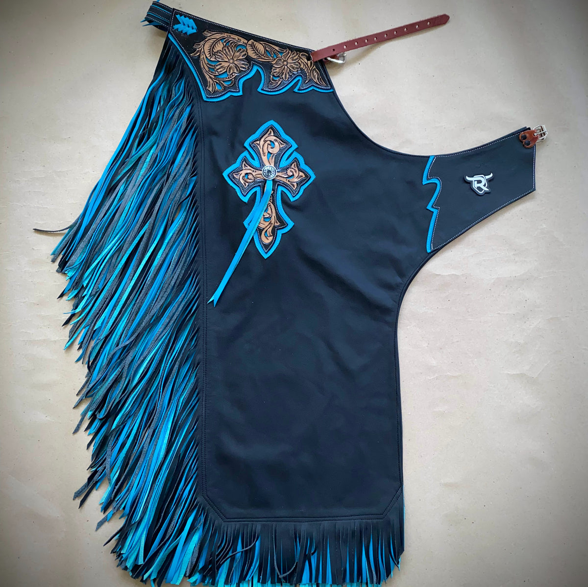 Bull Riding Chaps Cross CHAPS RW02 - BULL RIDING - DOUBLE FRINGE BLACK/BLUE – Rodeo Wins