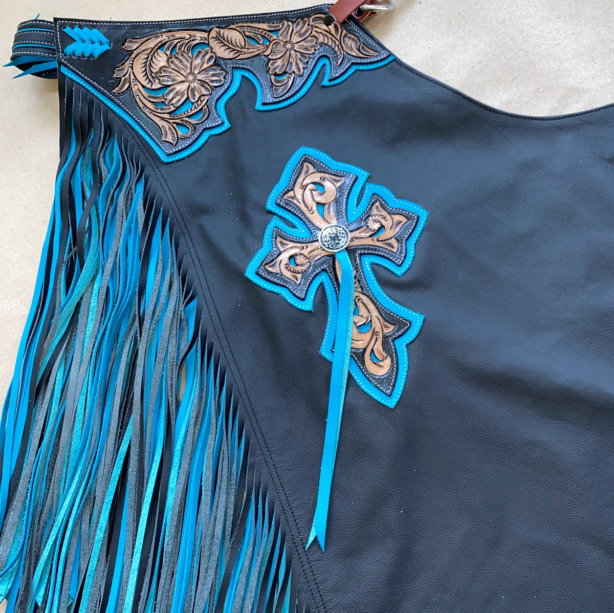 Bull Riding Chaps Cross CHAPS RW02 - BULL RIDING - DOUBLE FRINGE BLACK/BLUE – Rodeo Wins