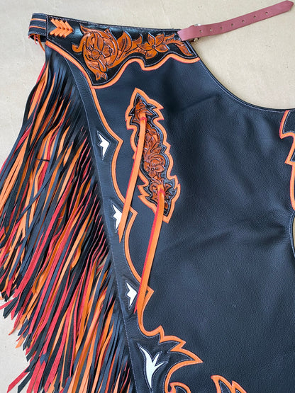 JUNIOR CHAPS - DOUBLE FRINGE BLACK/ORANGE (IN STOCK) - Rodeo Wins 