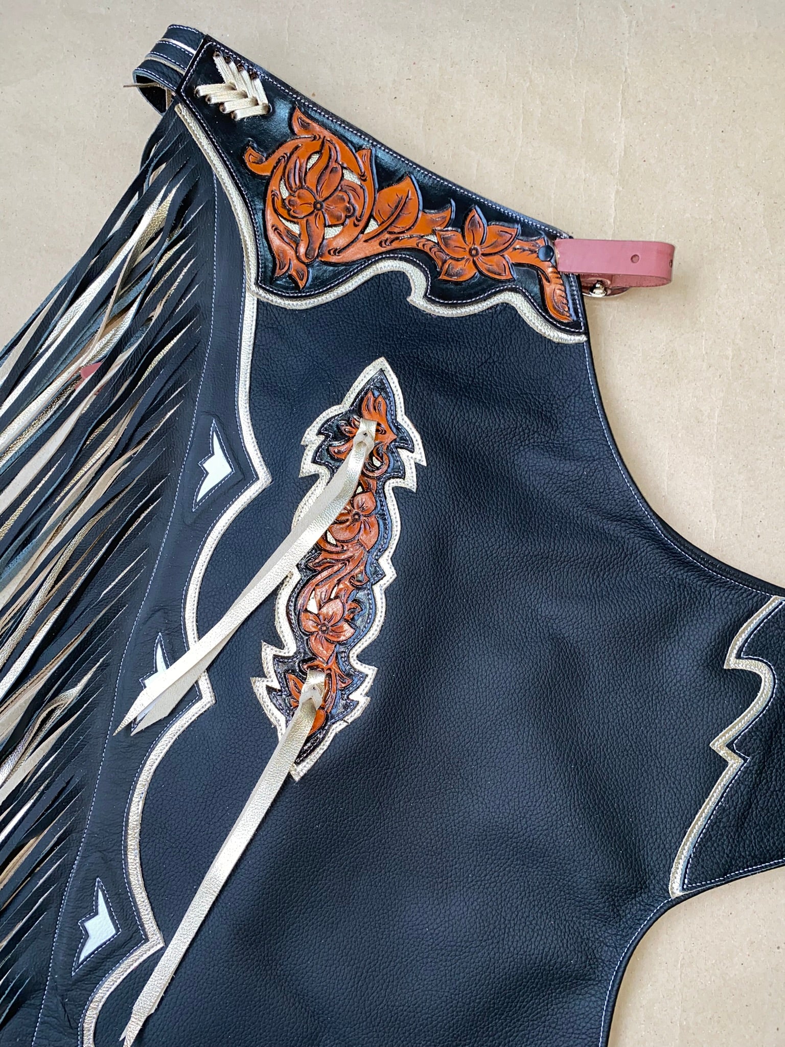 JUNIOR CHAPS - DOUBLE FRINGE BLACK/GOLD (IN STOCK) - Rodeo Wins 