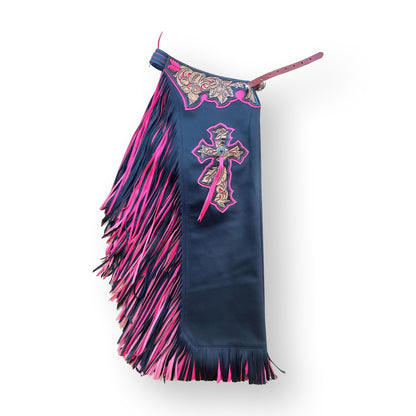 CHAPS RW02 - BULL RIDING - DOUBLE FRINGE BLACK/PINK