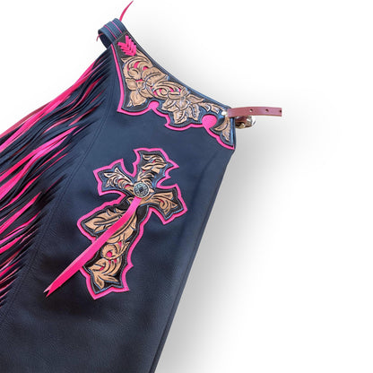 CHAPS RW02 - BULL RIDING - DOUBLE FRINGE BLACK/PINK