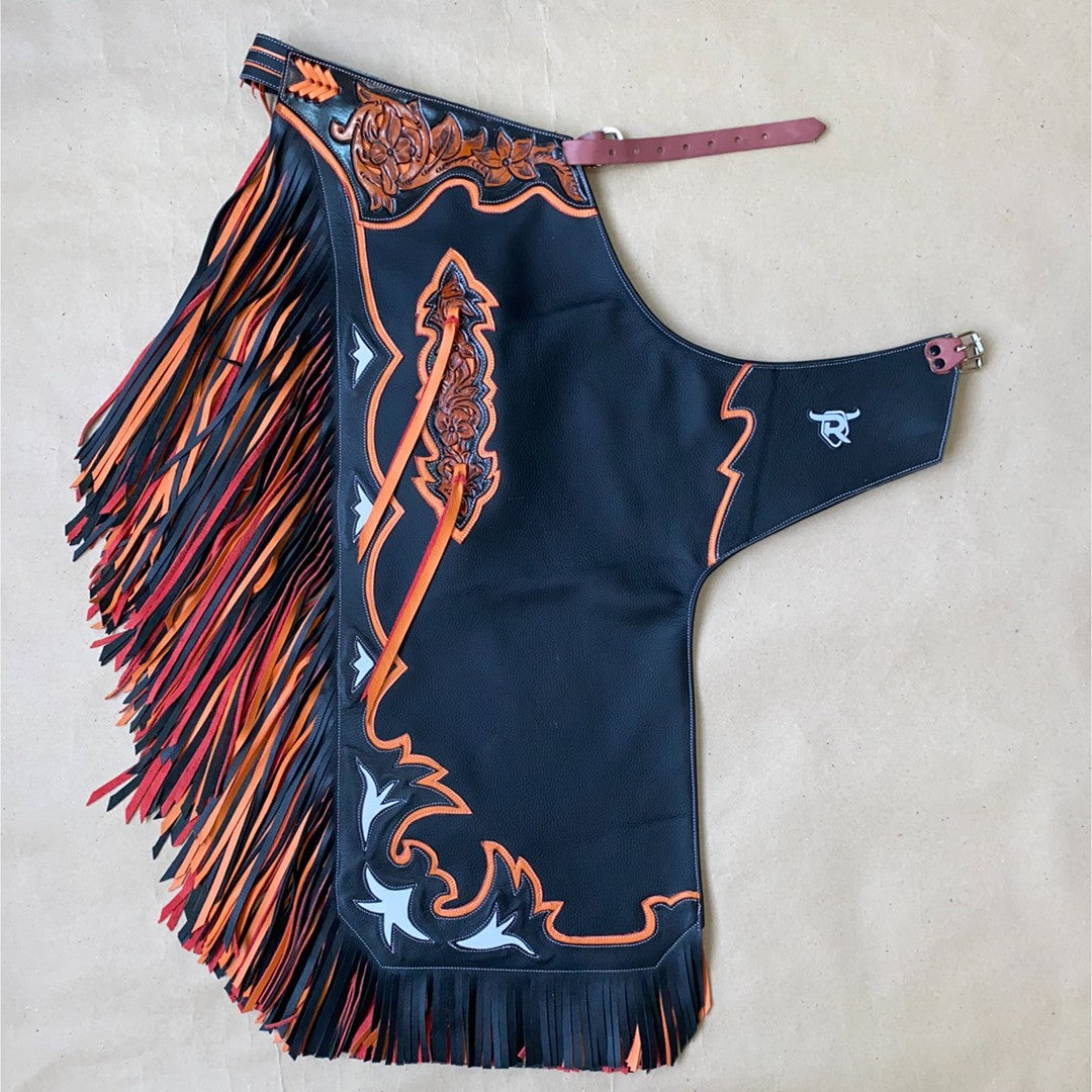 JUNIOR CHAPS - DOUBLE FRINGE BLACK/ORANGE (IN STOCK) - Rodeo Wins 