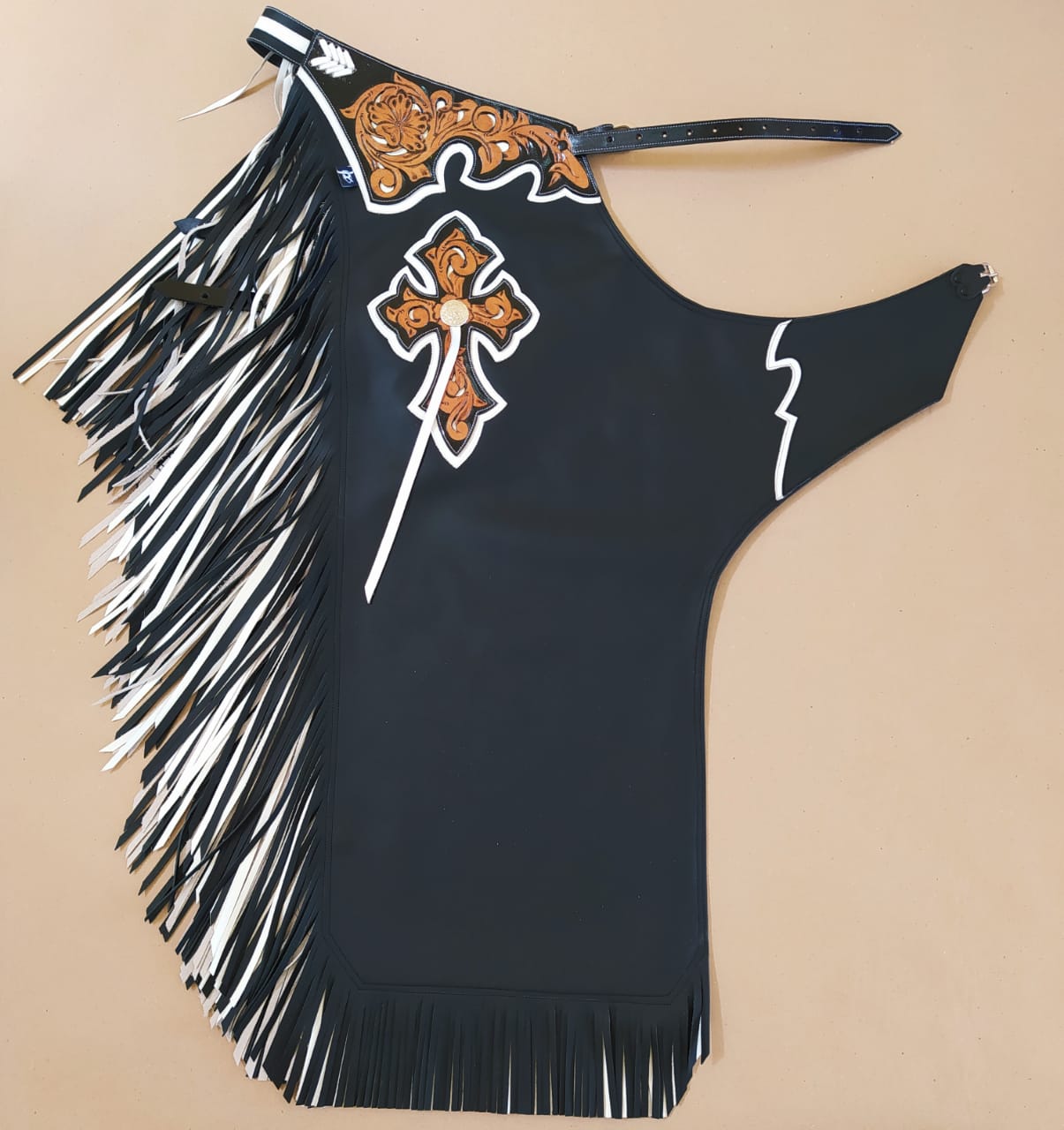 CHAPS RW02 - BULL RIDING - DOUBLE FRINGE BLACK/WHITE - Rodeo Wins 