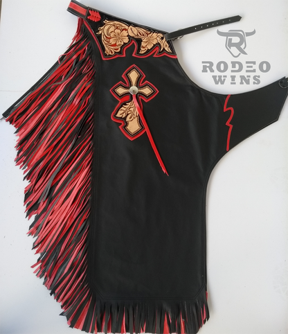 CHAPS RW - DOUBLE FRINGE - RED/BLACK - LEATHER QUALITY - Rodeo Wins 