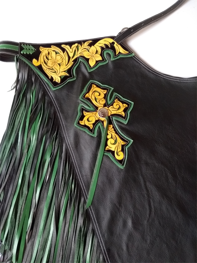 CHAPS RW02 - BULL RIDING - DOUBLE FRINGE BLACK/GREEN - Rodeo Wins 