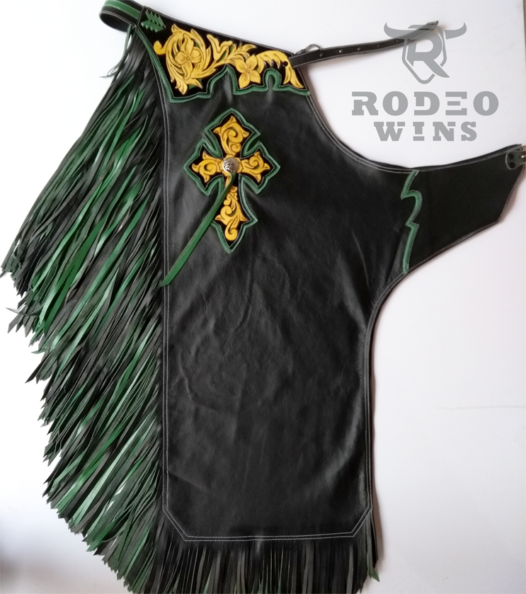 CHAPS RW02 - BULL RIDING - DOUBLE FRINGE BLACK/GREEN - Rodeo Wins 